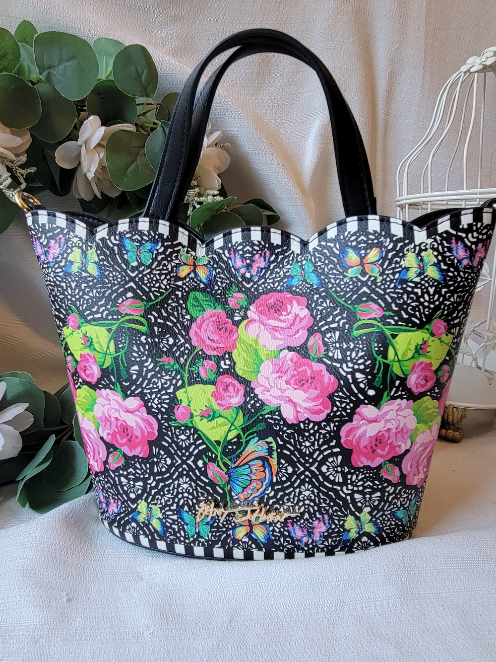 Betsey Johnson Floral Tote Bag with a Decorative Scallop Top